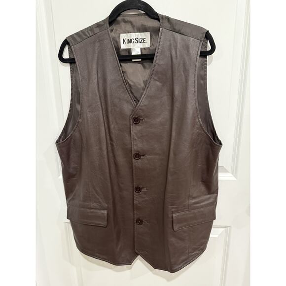 King Size Brand Mens Large Genuine Leather Brown Sleeveless Button Down Pockets - Picture 1 of 6